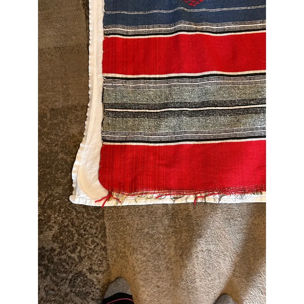 Vintage Turkish Kilim Handwoven Wool Blend Red Blue Striped Textile 6x4